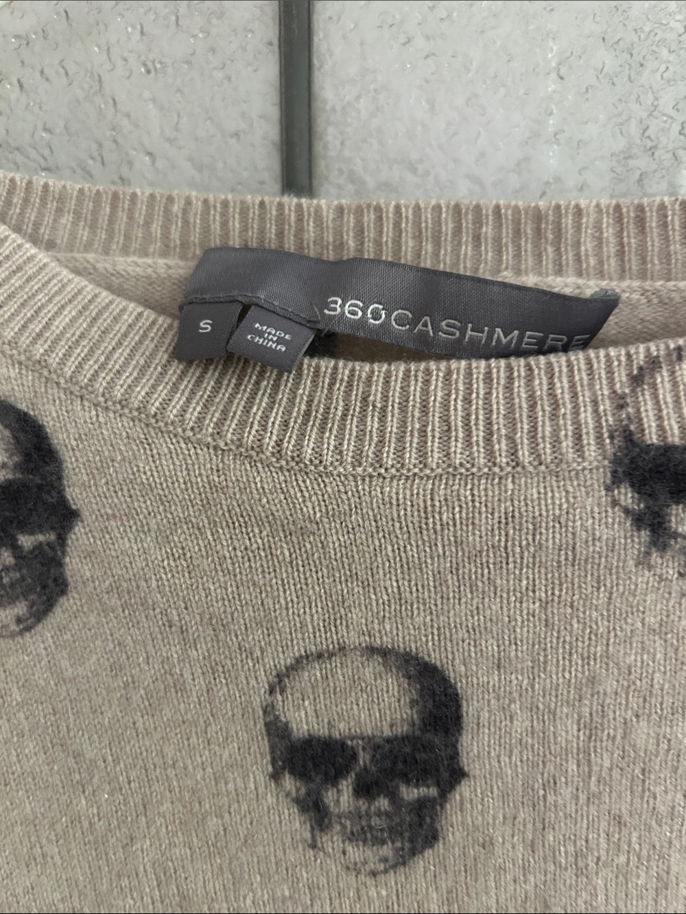 360 Cashmere Taupe Crewneck Sweater with Black Skull Print - Picture 2 of 3